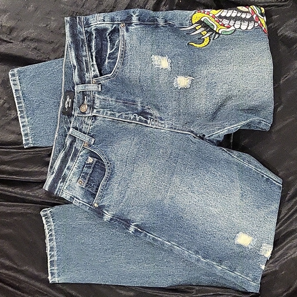 ED HARDY AUTHENTIC Embroidery Skull Painted Logo Jeans Size 30 - Picture 6 of 10